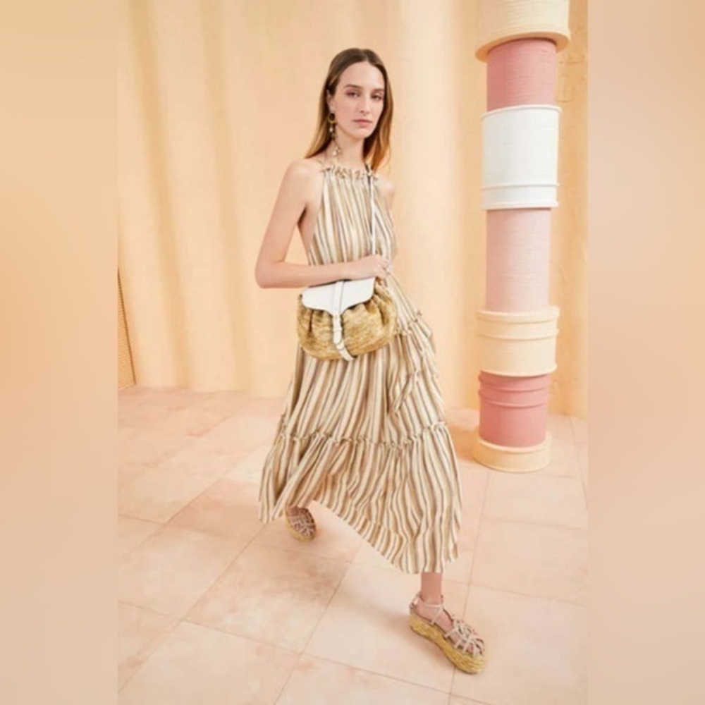 Ulla Johnson Cotton Pinstripe Beige Giulietta Halter Tiered Maxi Sun Dress - Picture 16 of 16